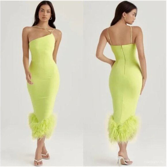 NWT House of CB ‘Alessia’ Lime Feathered Midi Dress sz S